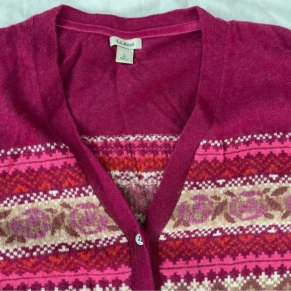 LL Bean LARGE Nordic Fair Isle Cardigan wool cotton blend red burgundy - Picture 2 of 7